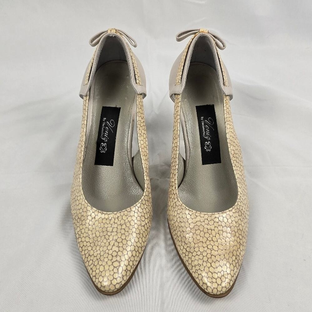 Veniz Animal Print Leather Heels Bow Pumps Yellow 6.5 Retro